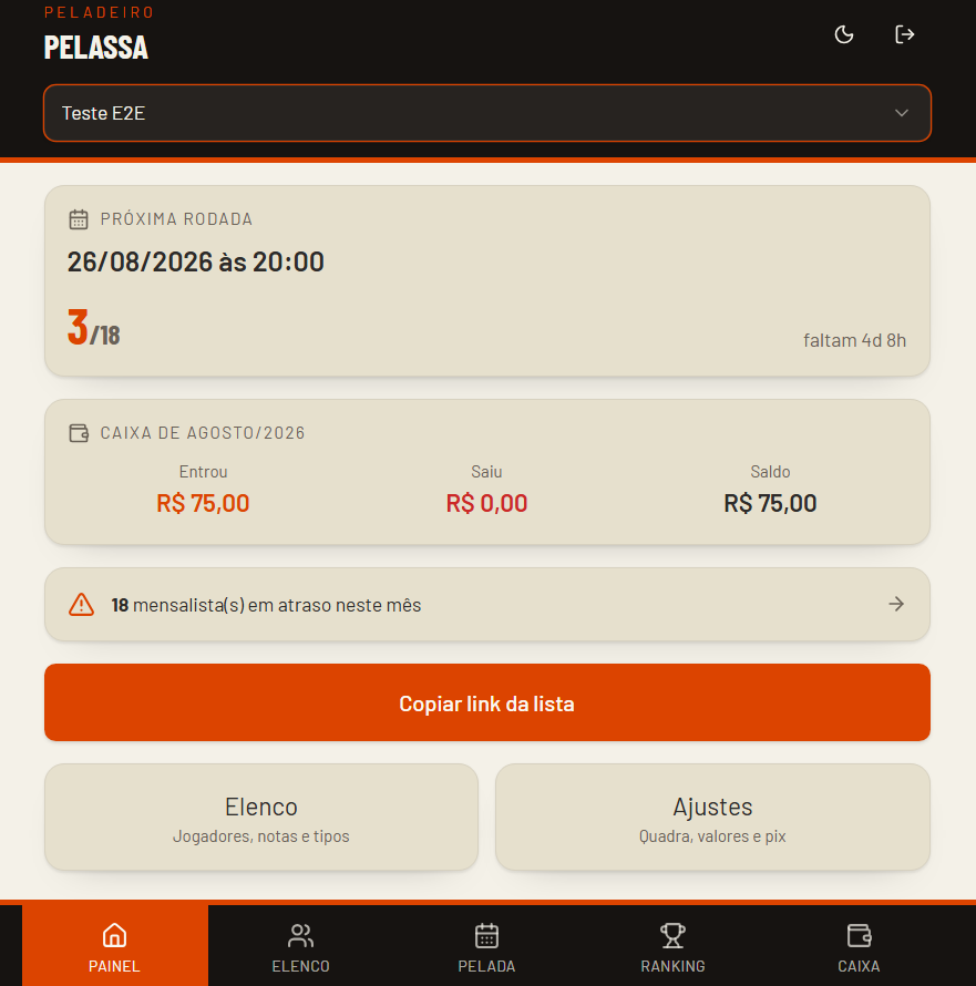 Tela do Peladeiro App: Várias peladas na mesma conta