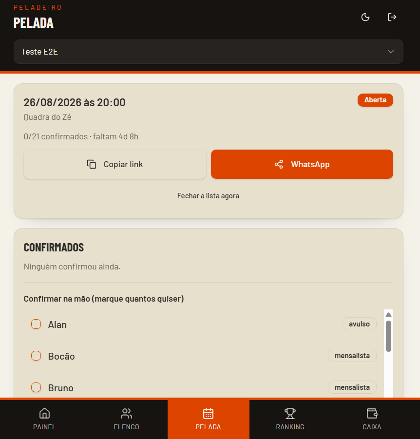 Tela do Peladeiro App: Lista de presença por link