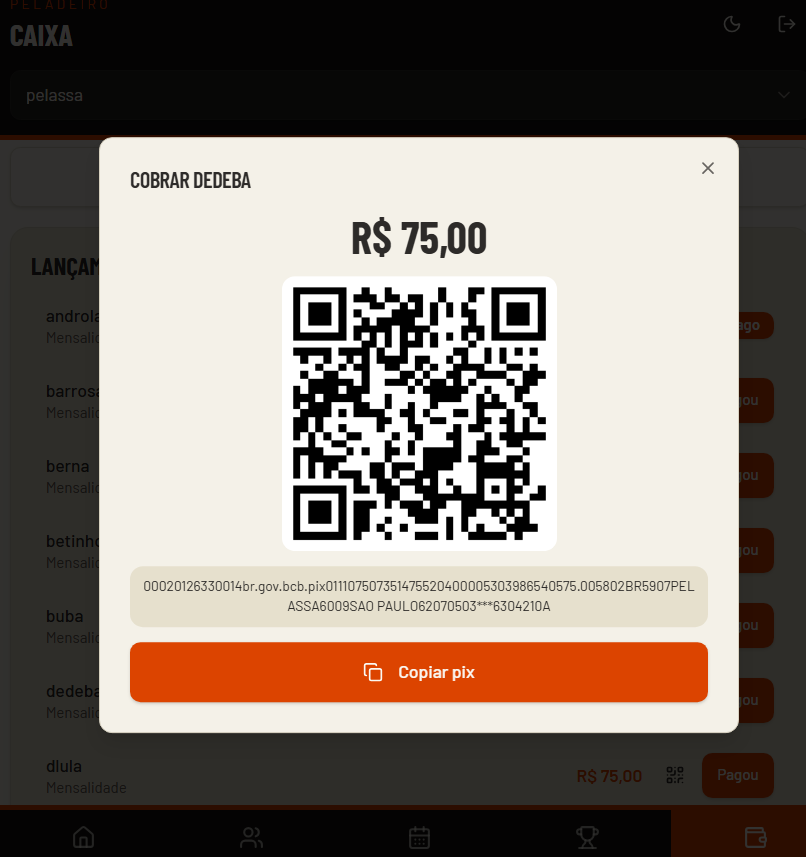 Tela do Peladeiro App: Cobrança com QR code de pix